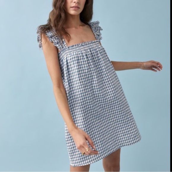 Reformation Dresses & Skirts - Reformation Albany Checkered Dress Blue white linen ruffle mini nap Gingham